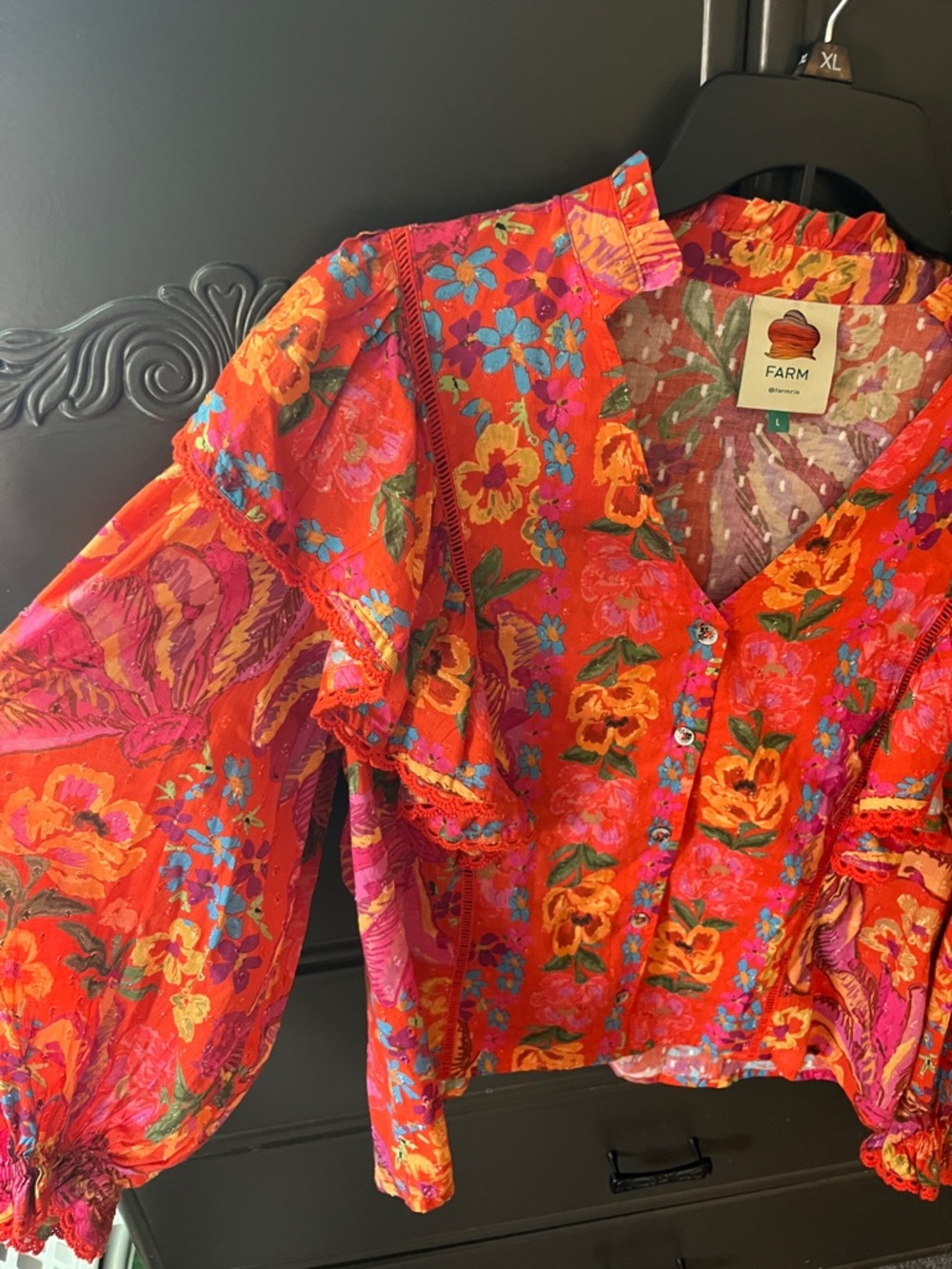 Farm Rio Red Spring Bananas -Floral Ruffle Button-Front Blouse - Picture 3 of 7